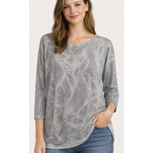 WHBM Silver Metallic Top Womens Medium 3/4 Sleeve Sheer Knit Gray Abstract Shiny